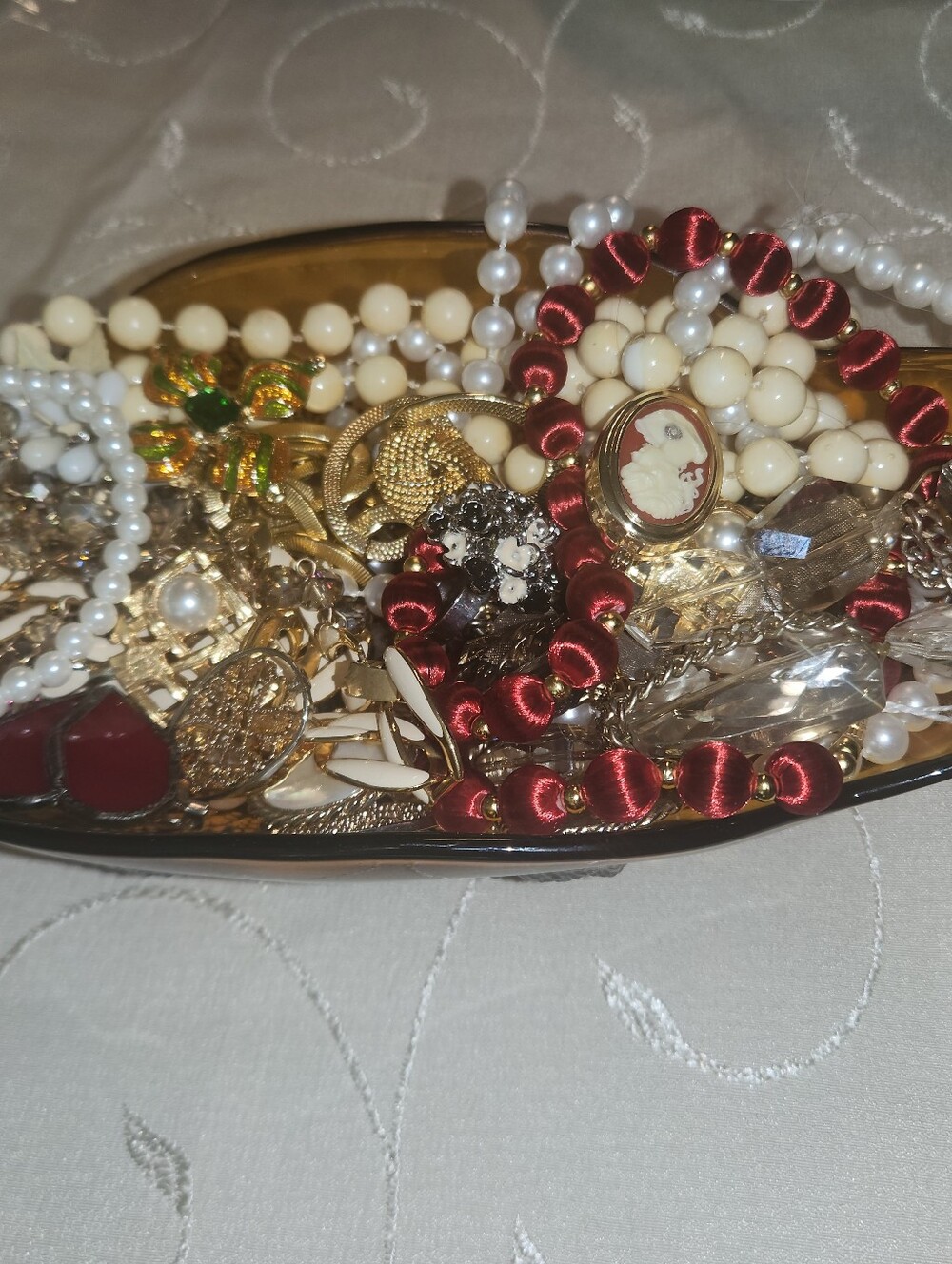 Cameo Pendant,Cream Beads,Brooches, Earrings and Red Satin Accents And Much More